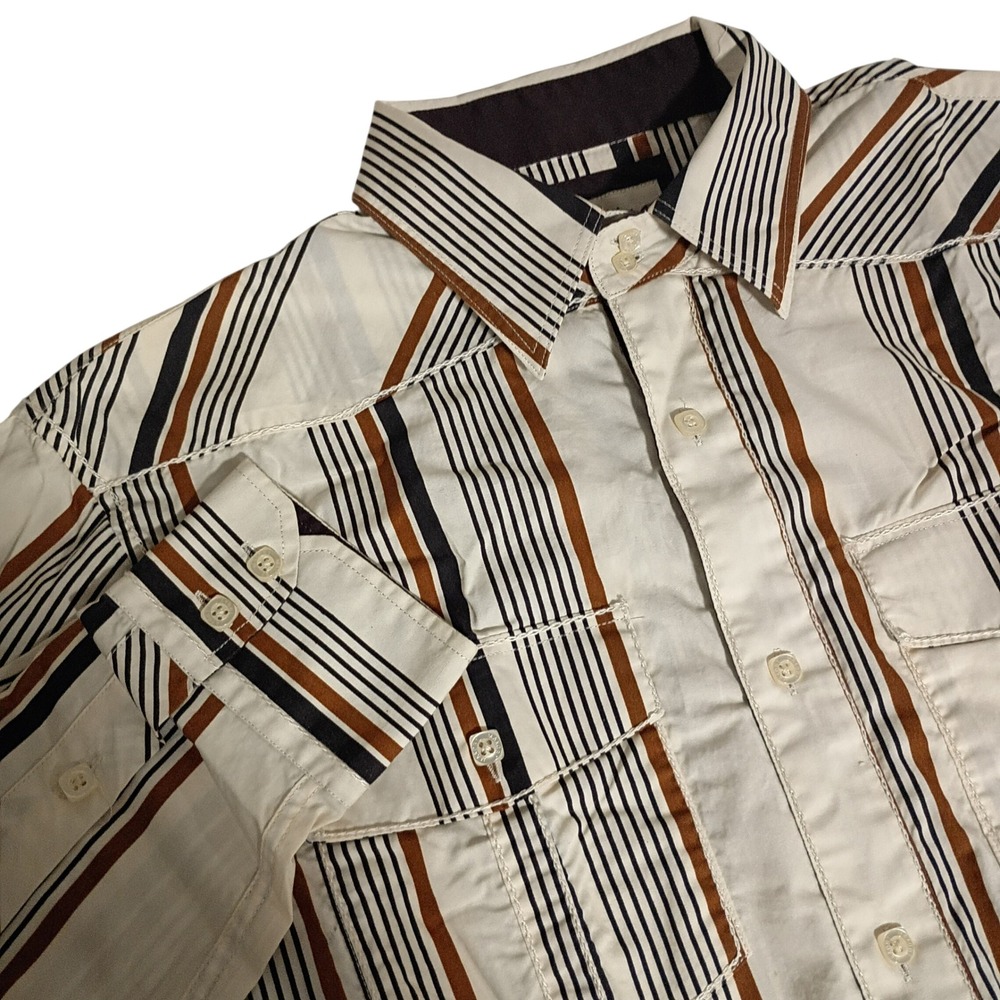 Vtg Makobi Button Up Shirt Mens Large Western Stripe Cream Brown Cotton Heritage